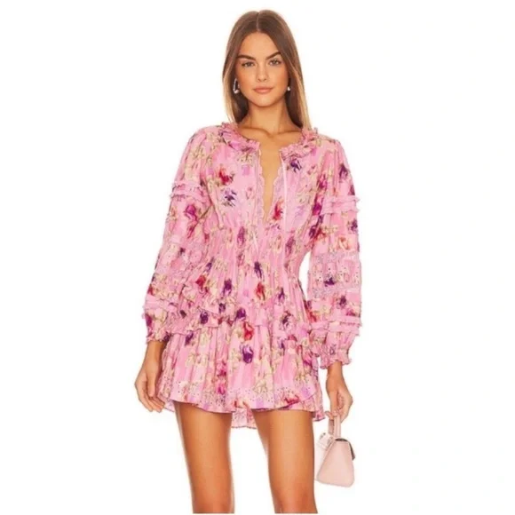 LoveShackFancy Pink Floral Tiered Midi Dress - Picture 2 of 15